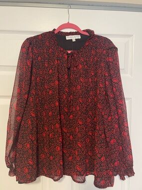 Chelsea & Theodore Red and Black Floral Tie-Neck Blouse 2X